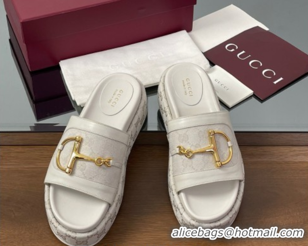 Best Price Gucci Platform Slides Sandal 5.5cm in GG Canvas and Lambskin with Horsebit White 0609107