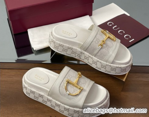 Best Price Gucci Platform Slides Sandal 5.5cm in GG Canvas and Lambskin with Horsebit White 0609107
