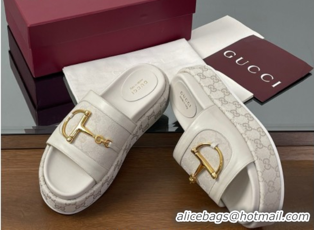 Best Price Gucci Platform Slides Sandal 5.5cm in GG Canvas and Lambskin with Horsebit White 0609107