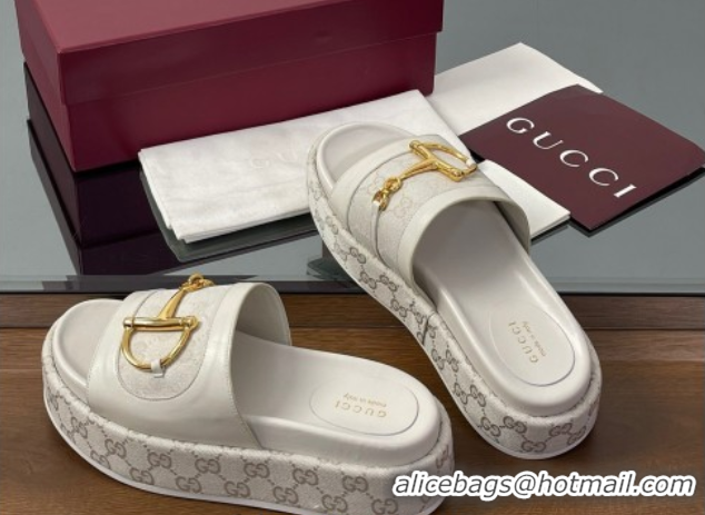 Best Price Gucci Platform Slides Sandal 5.5cm in GG Canvas and Lambskin with Horsebit White 0609107