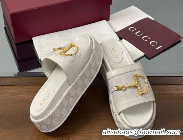 Best Price Gucci Platform Slides Sandal 5.5cm in GG Canvas and Lambskin with Horsebit White 0609107