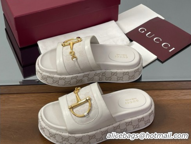 Best Price Gucci Platform Slides Sandal 5.5cm in GG Canvas and Lambskin with Horsebit White 0609107