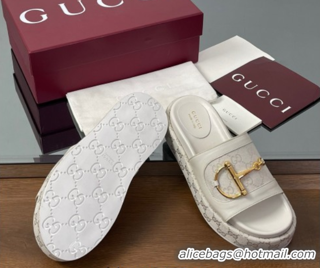 Best Price Gucci Platform Slides Sandal 5.5cm in GG Canvas and Lambskin with Horsebit White 0609107
