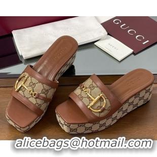 Purchase Gucci Wedge Slides Sandal 6.3cm in GG Canvas and Lambskin with Horsebit Brown 0609108