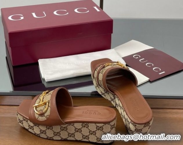 Purchase Gucci Wedge Slides Sandal 6.3cm in GG Canvas and Lambskin with Horsebit Brown 0609108
