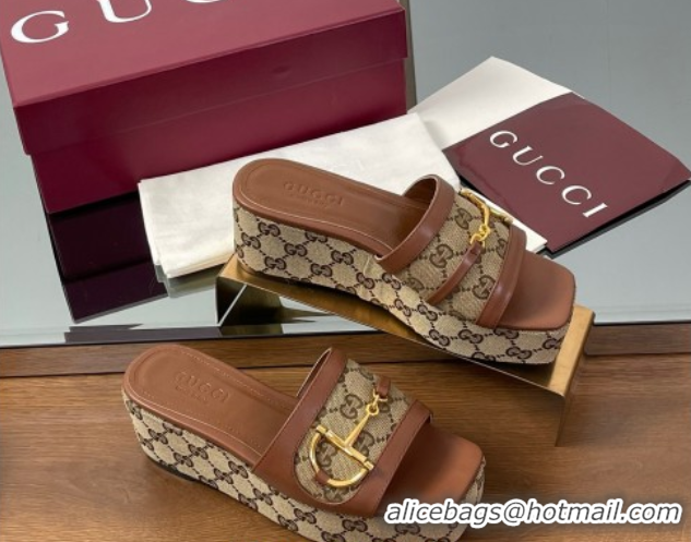 Purchase Gucci Wedge Slides Sandal 6.3cm in GG Canvas and Lambskin with Horsebit Brown 0609108