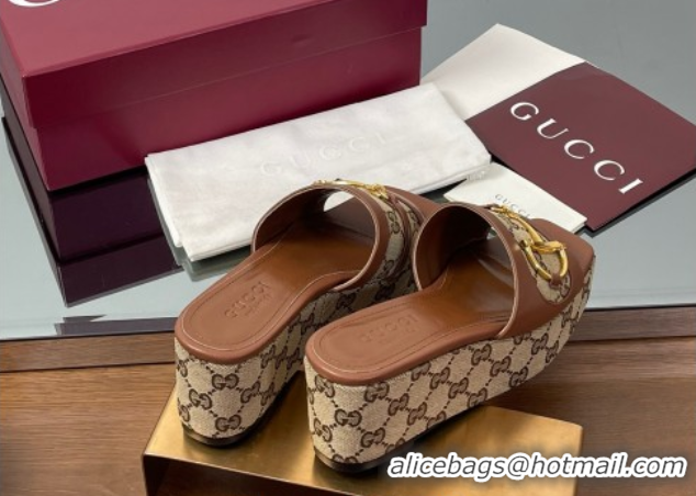 Purchase Gucci Wedge Slides Sandal 6.3cm in GG Canvas and Lambskin with Horsebit Brown 0609108
