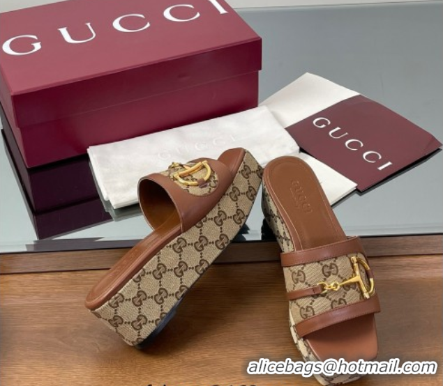 Purchase Gucci Wedge Slides Sandal 6.3cm in GG Canvas and Lambskin with Horsebit Brown 0609108