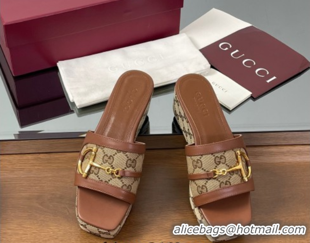 Purchase Gucci Wedge Slides Sandal 6.3cm in GG Canvas and Lambskin with Horsebit Brown 0609108