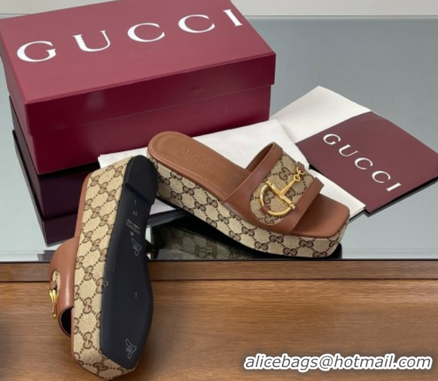 Purchase Gucci Wedge Slides Sandal 6.3cm in GG Canvas and Lambskin with Horsebit Brown 0609108