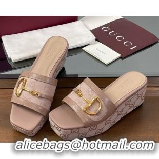 Good Quality Gucci Wedge Slides Sandal 6.3cm in GG Canvas and Lambskin with Horsebit Nude Pink 0609109