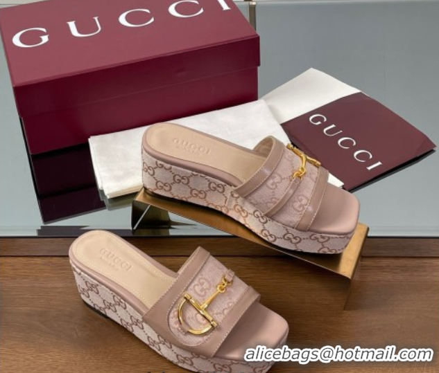 Good Quality Gucci Wedge Slides Sandal 6.3cm in GG Canvas and Lambskin with Horsebit Nude Pink 0609109