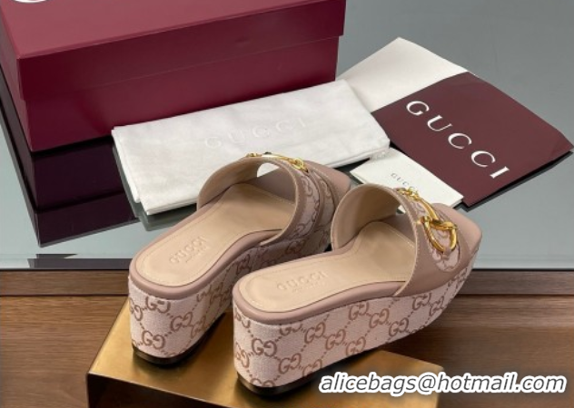 Good Quality Gucci Wedge Slides Sandal 6.3cm in GG Canvas and Lambskin with Horsebit Nude Pink 0609109
