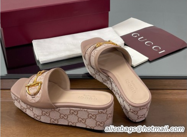 Good Quality Gucci Wedge Slides Sandal 6.3cm in GG Canvas and Lambskin with Horsebit Nude Pink 0609109