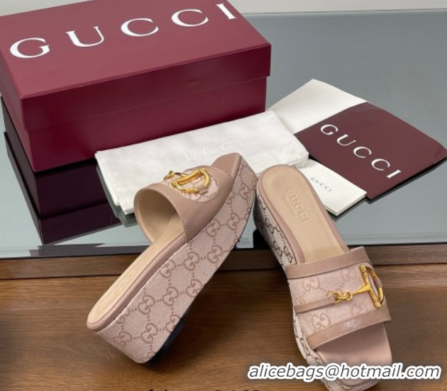 Good Quality Gucci Wedge Slides Sandal 6.3cm in GG Canvas and Lambskin with Horsebit Nude Pink 0609109