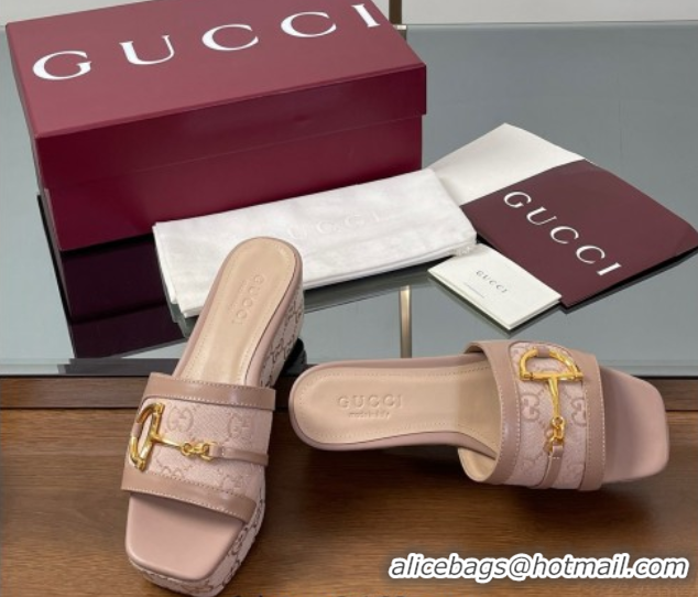 Good Quality Gucci Wedge Slides Sandal 6.3cm in GG Canvas and Lambskin with Horsebit Nude Pink 0609109