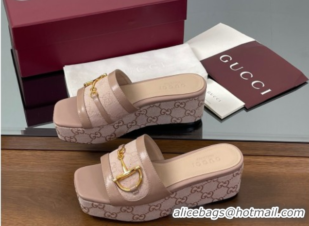 Good Quality Gucci Wedge Slides Sandal 6.3cm in GG Canvas and Lambskin with Horsebit Nude Pink 0609109