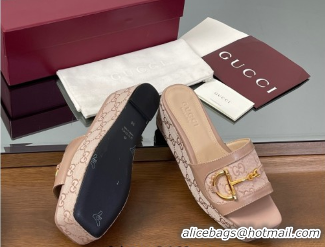 Good Quality Gucci Wedge Slides Sandal 6.3cm in GG Canvas and Lambskin with Horsebit Nude Pink 0609109
