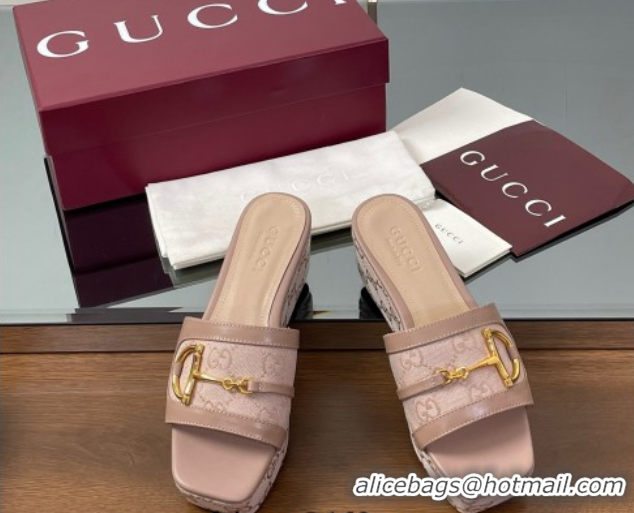 Good Quality Gucci Wedge Slides Sandal 6.3cm in GG Canvas and Lambskin with Horsebit Nude Pink 0609109