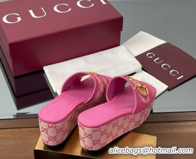 Sumptuous Gucci Wedge Slides Sandal 6.3cm in GG Canvas and Lambskin with Horsebit Dark Pink 0609110