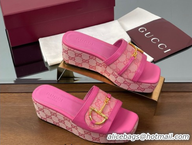 Sumptuous Gucci Wedge Slides Sandal 6.3cm in GG Canvas and Lambskin with Horsebit Dark Pink 0609110