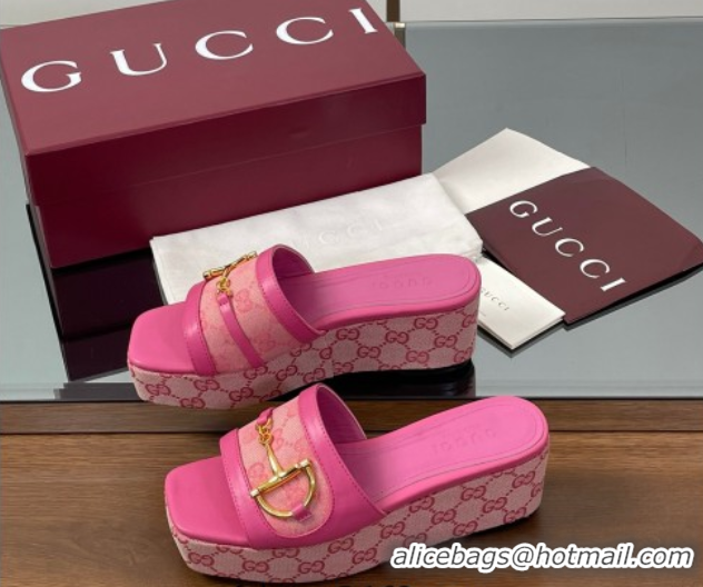 Sumptuous Gucci Wedge Slides Sandal 6.3cm in GG Canvas and Lambskin with Horsebit Dark Pink 0609110