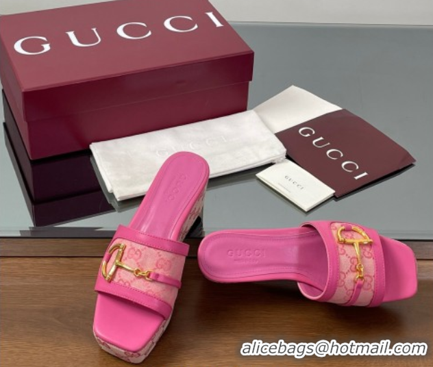 Sumptuous Gucci Wedge Slides Sandal 6.3cm in GG Canvas and Lambskin with Horsebit Dark Pink 0609110