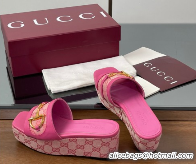 Sumptuous Gucci Wedge Slides Sandal 6.3cm in GG Canvas and Lambskin with Horsebit Dark Pink 0609110