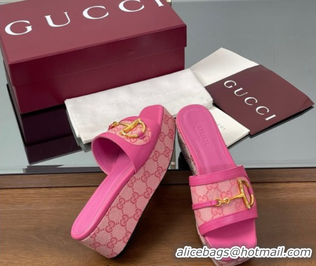 Sumptuous Gucci Wedge Slides Sandal 6.3cm in GG Canvas and Lambskin with Horsebit Dark Pink 0609110