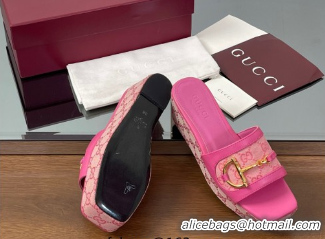 Sumptuous Gucci Wedge Slides Sandal 6.3cm in GG Canvas and Lambskin with Horsebit Dark Pink 0609110