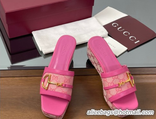 Sumptuous Gucci Wedge Slides Sandal 6.3cm in GG Canvas and Lambskin with Horsebit Dark Pink 0609110