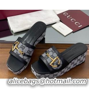 Stylish Gucci Wedge Slides Sandal 6.3cm in GG Canvas and Lambskin with Horsebit Black 0609111