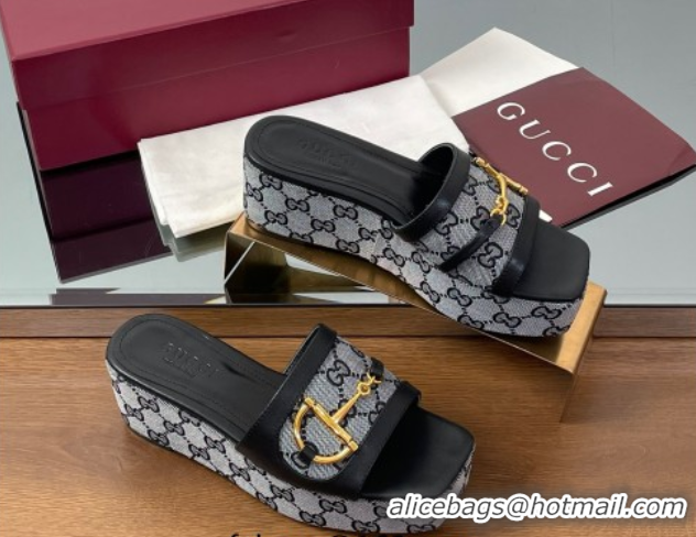 Stylish Gucci Wedge Slides Sandal 6.3cm in GG Canvas and Lambskin with Horsebit Black 0609111
