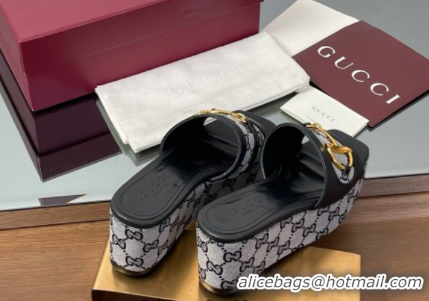 Stylish Gucci Wedge Slides Sandal 6.3cm in GG Canvas and Lambskin with Horsebit Black 0609111