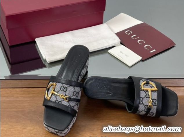 Stylish Gucci Wedge Slides Sandal 6.3cm in GG Canvas and Lambskin with Horsebit Black 0609111