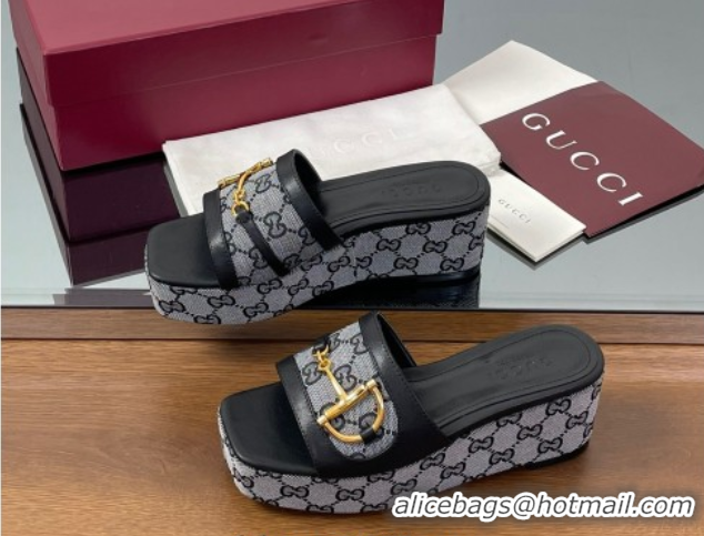 Stylish Gucci Wedge Slides Sandal 6.3cm in GG Canvas and Lambskin with Horsebit Black 0609111