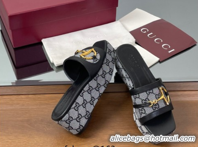 Stylish Gucci Wedge Slides Sandal 6.3cm in GG Canvas and Lambskin with Horsebit Black 0609111