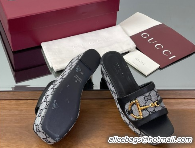 Stylish Gucci Wedge Slides Sandal 6.3cm in GG Canvas and Lambskin with Horsebit Black 0609111