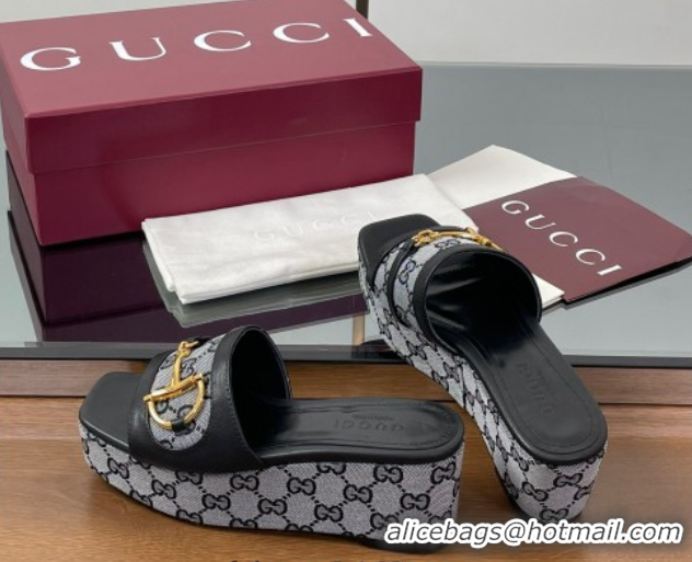 Stylish Gucci Wedge Slides Sandal 6.3cm in GG Canvas and Lambskin with Horsebit Black 0609111