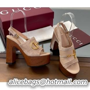 Unique Discount Gucci Platform Heel Sandals 13cm in Suede and Leather with Horsebit Beige 0609112
