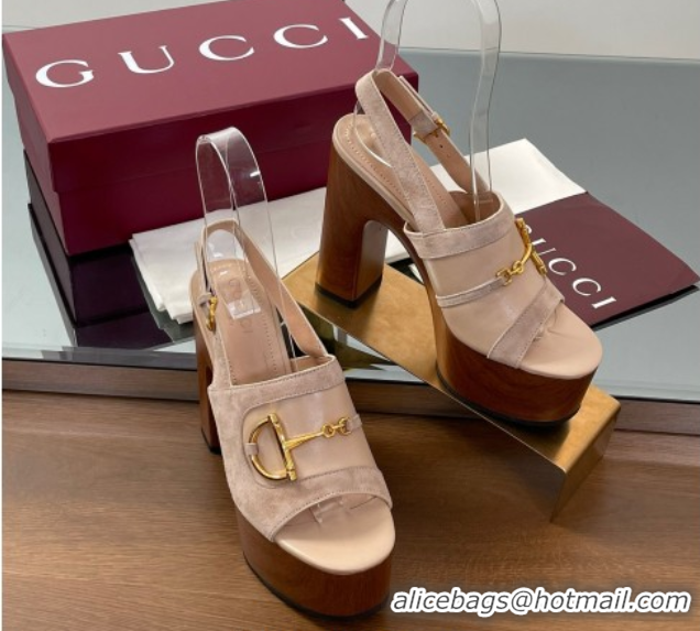 Unique Discount Gucci Platform Heel Sandals 13cm in Suede and Leather with Horsebit Beige 0609112