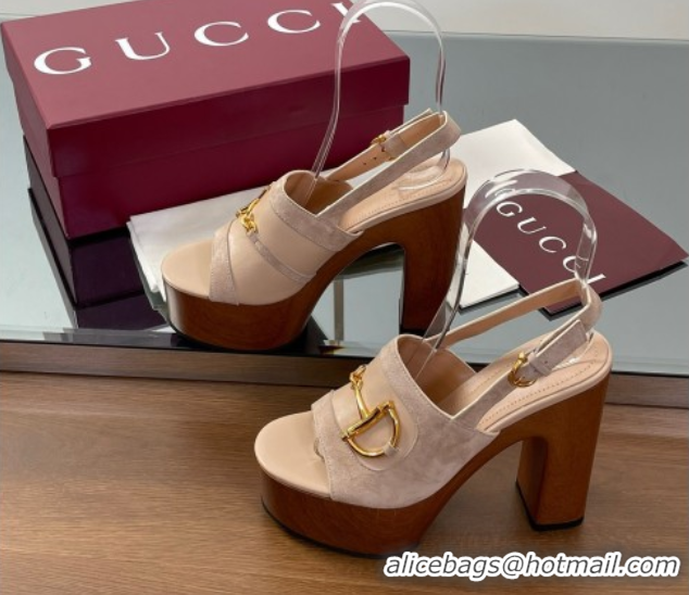 Unique Discount Gucci Platform Heel Sandals 13cm in Suede and Leather with Horsebit Beige 0609112