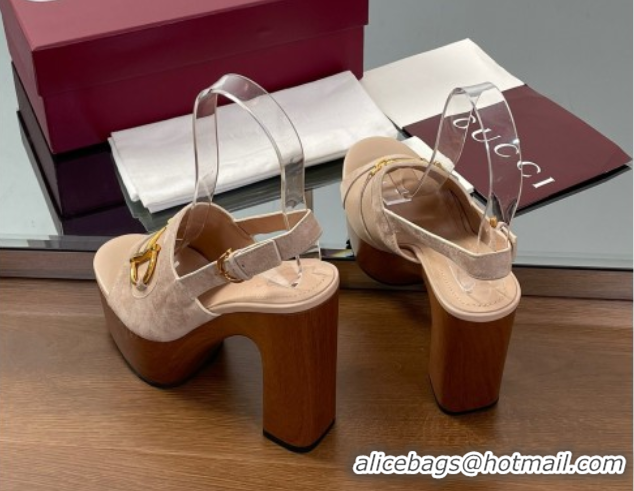 Unique Discount Gucci Platform Heel Sandals 13cm in Suede and Leather with Horsebit Beige 0609112