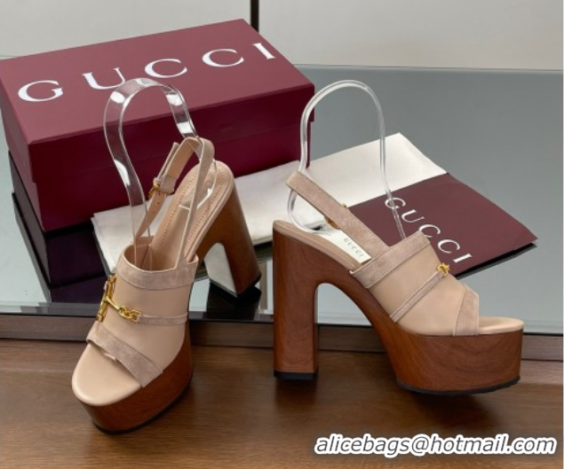Unique Discount Gucci Platform Heel Sandals 13cm in Suede and Leather with Horsebit Beige 0609112