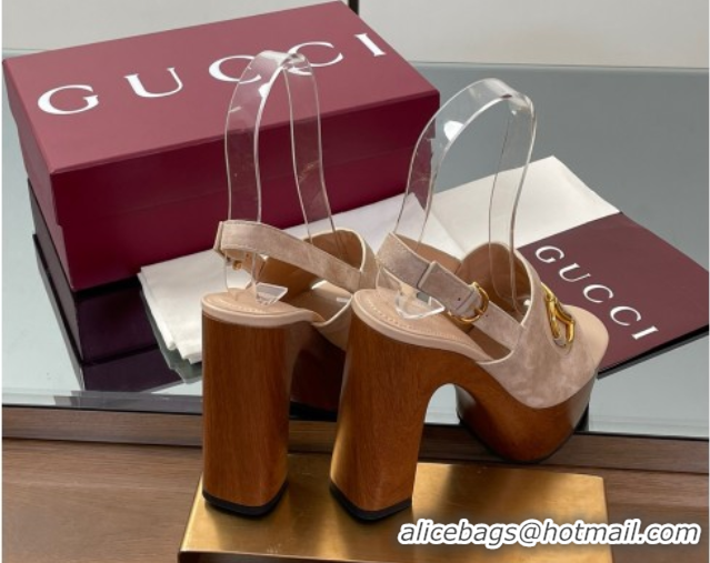 Unique Discount Gucci Platform Heel Sandals 13cm in Suede and Leather with Horsebit Beige 0609112