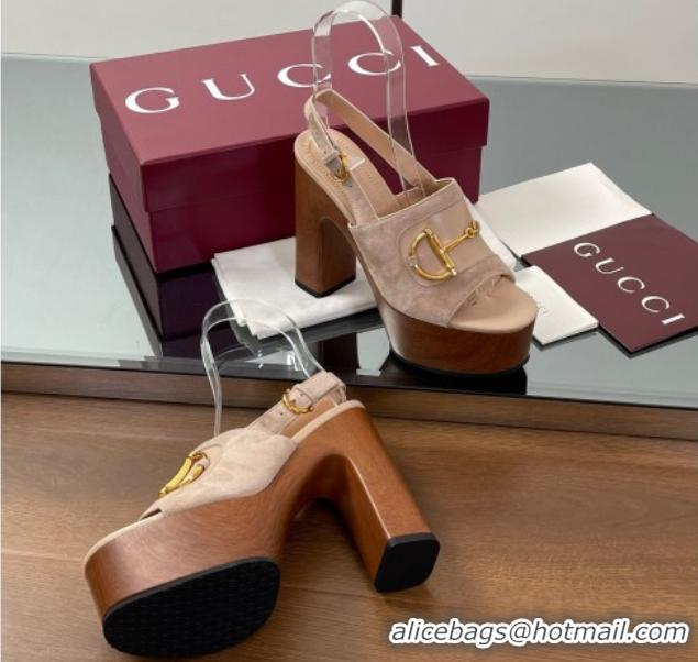Unique Discount Gucci Platform Heel Sandals 13cm in Suede and Leather with Horsebit Beige 0609112