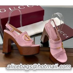 Perfect Gucci Platform Heel Sandals 13cm in Suede and Leather with Horsebit Pink 0609113