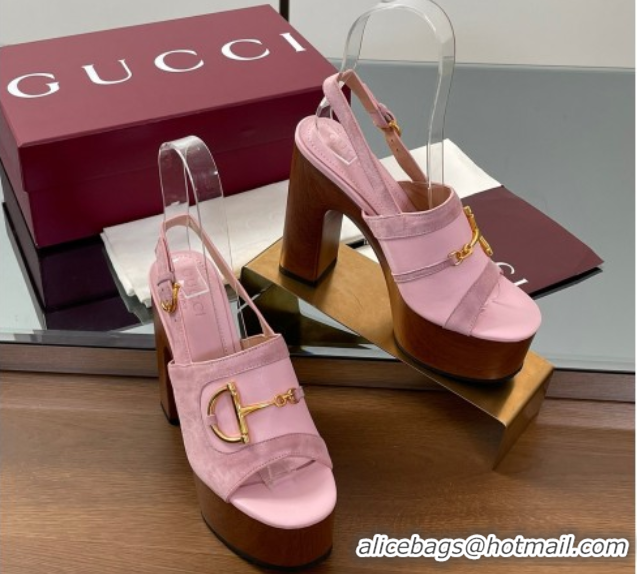 Perfect Gucci Platform Heel Sandals 13cm in Suede and Leather with Horsebit Pink 0609113