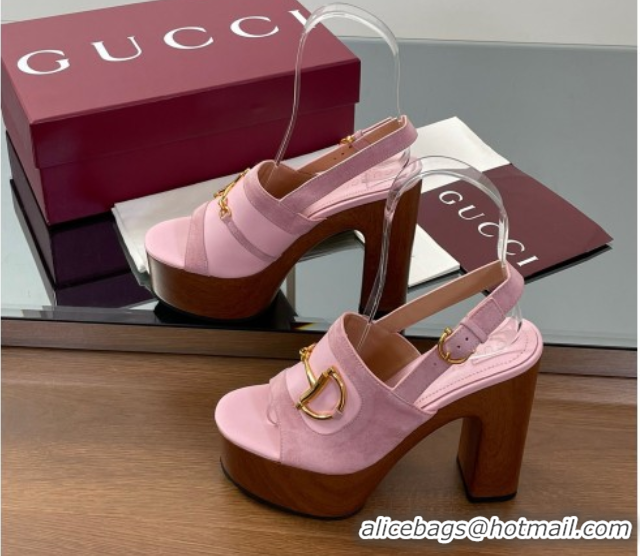 Perfect Gucci Platform Heel Sandals 13cm in Suede and Leather with Horsebit Pink 0609113