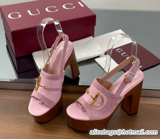 Perfect Gucci Platform Heel Sandals 13cm in Suede and Leather with Horsebit Pink 0609113
